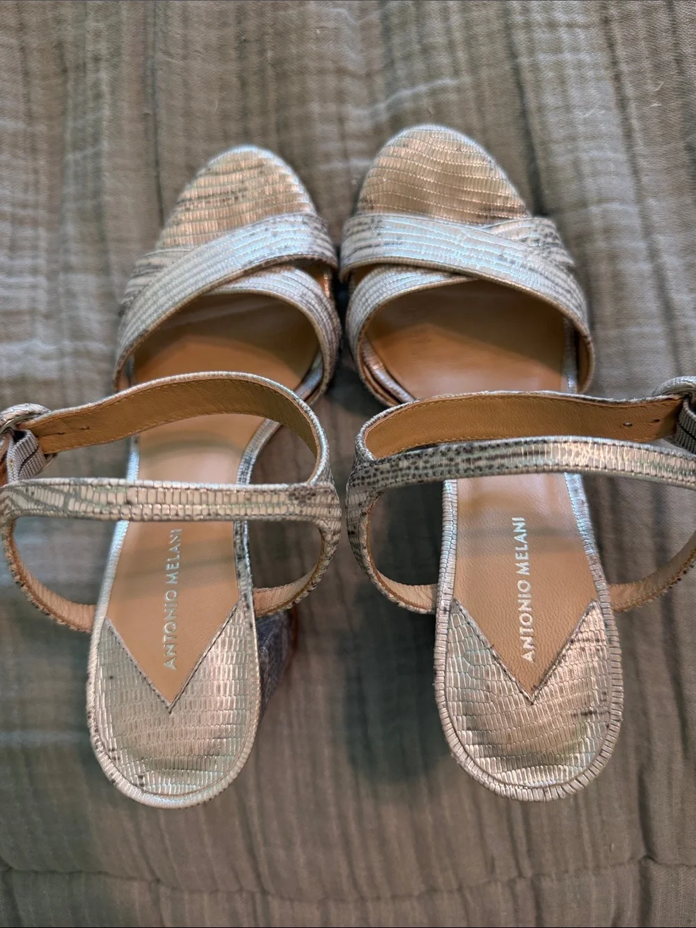 ANTONIO MELANI Iridescent Silver-Strap Block Heel Sandals